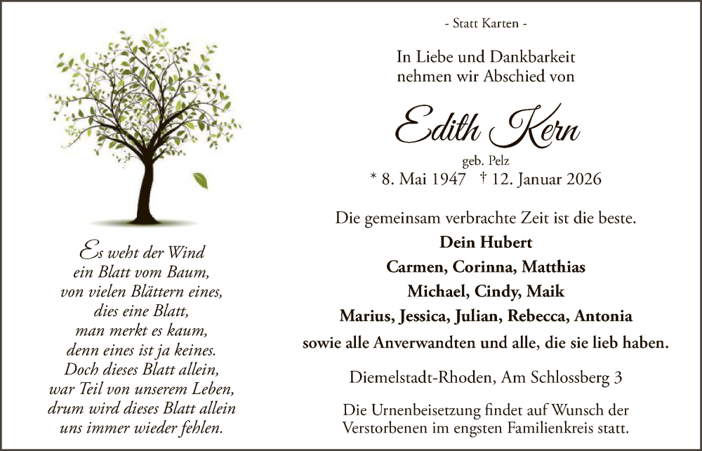  Traueranzeige für Edith Kern vom 17.01.2026 aus WLZ