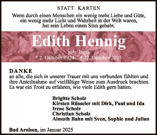 Traueranzeige von Edith Scholz von WLZ