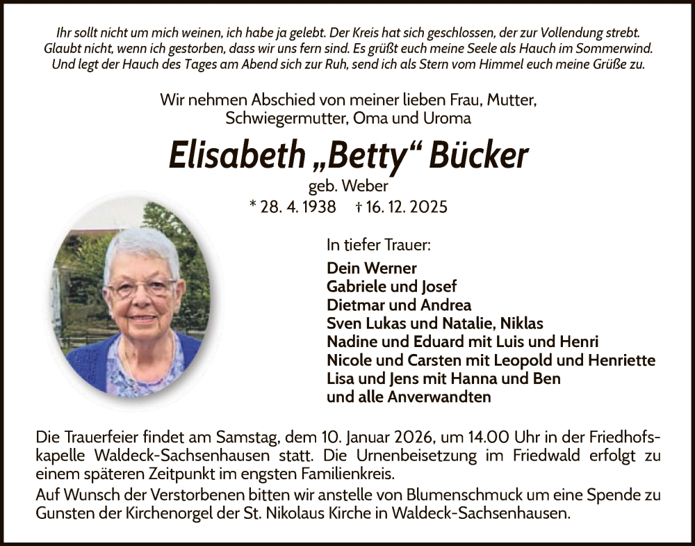  Traueranzeige für Elisabeth Bücker vom 03.01.2026 aus WLZ