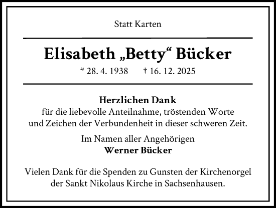 Traueranzeige von Elisabeth Bücker von WLZ