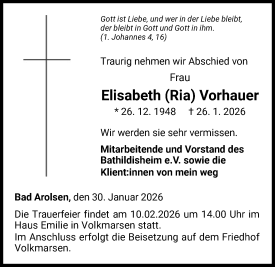 Traueranzeige von Elisabeth Vorhauer von WLZ