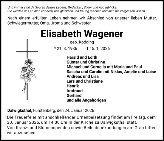 Traueranzeige von Elisabeth Wagener von WLZHNA