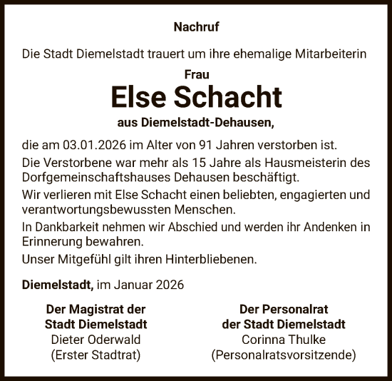 Traueranzeige von Else Schacht von WLZ