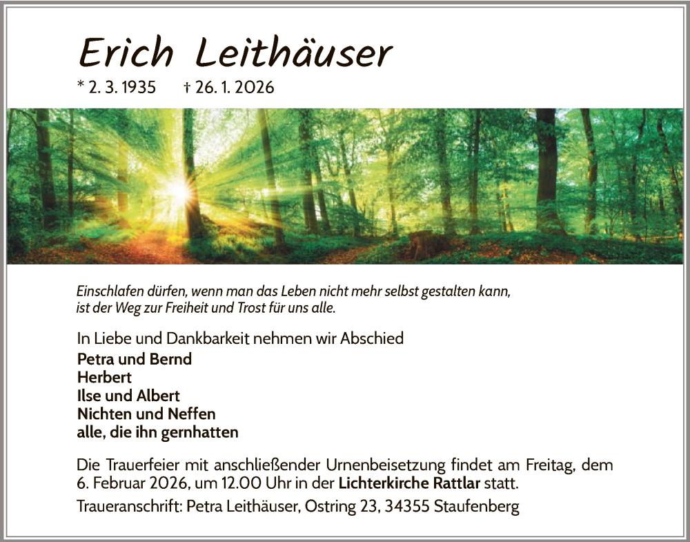  Traueranzeige für Erich Leithäuser vom 31.01.2026 aus WLZ