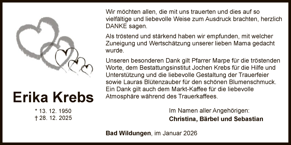  Traueranzeige für Erika Krebs vom 31.01.2026 aus WLZ