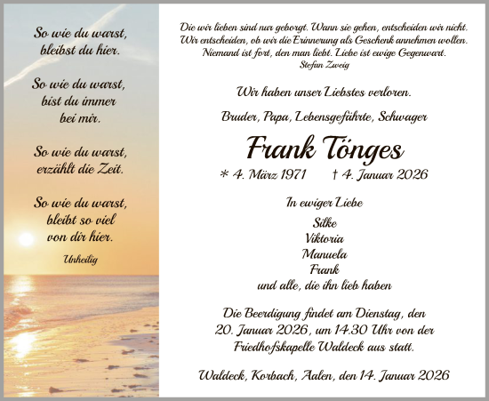 Traueranzeige von Frank Tönges von WLZ