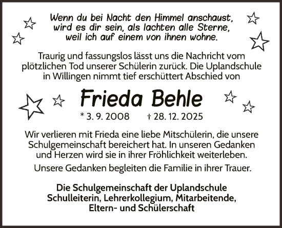 Traueranzeige von Frieda Behle von WLZ
