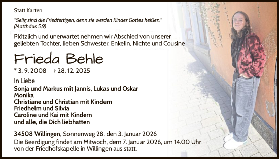 Traueranzeige von Frieda Behle von WLZ