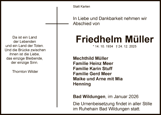Traueranzeige von Friedhelm Müller von WLZ