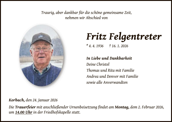 Traueranzeige von Fritz Felgentreter von WLZ