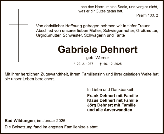 Traueranzeige von Gabriele Dehnert von WLZ