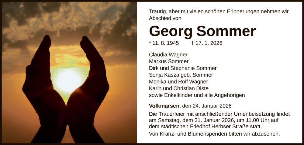  Traueranzeige für Georg Sommer vom 24.01.2026 aus WLZ