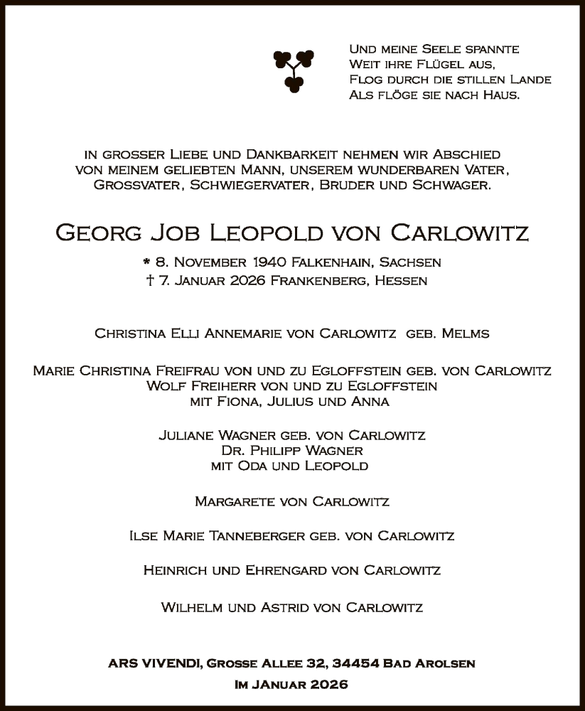  Traueranzeige für Georg Job Leopold von Carlowitz vom 17.01.2026 aus WLZ