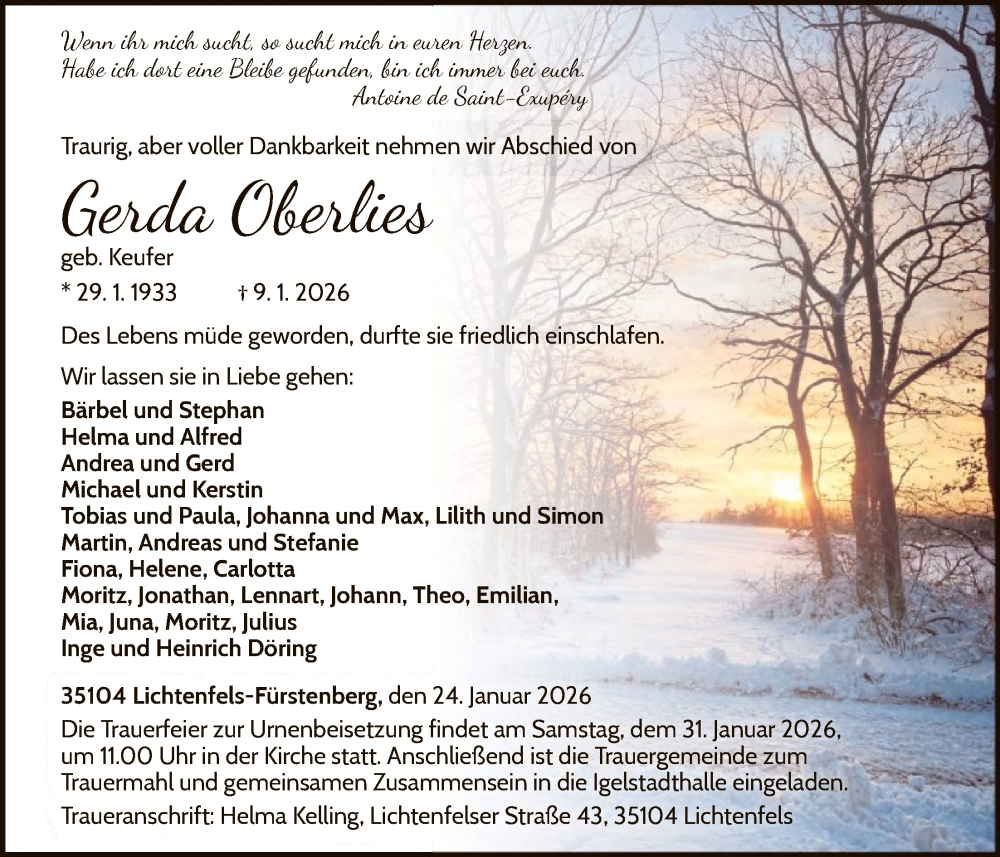  Traueranzeige für Gerda Oberlies vom 24.01.2026 aus WLZHNA