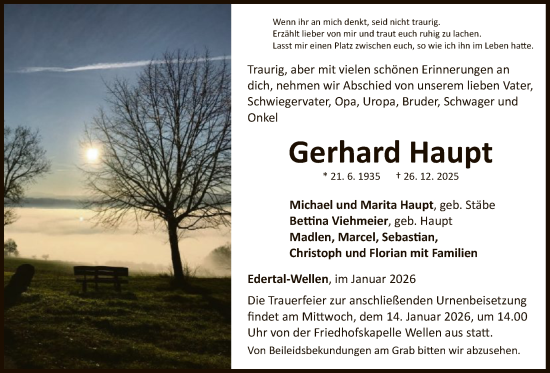 Traueranzeige von Gerhard Haupt von WLZ