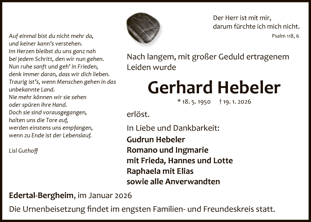  Traueranzeige für Gerhard Hebeler vom 24.01.2026 aus WLZ
