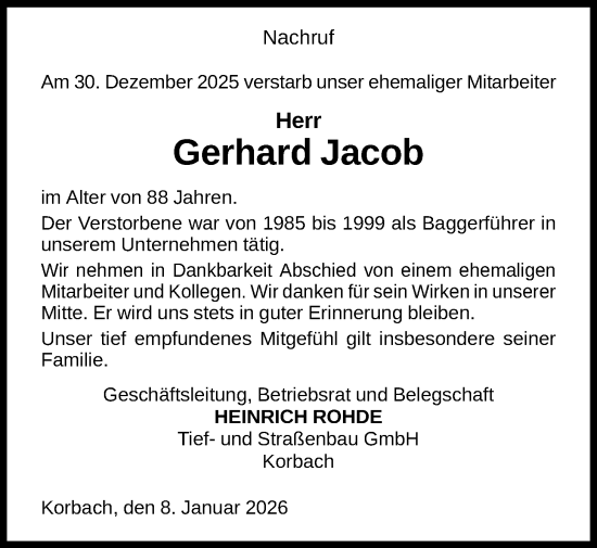 Traueranzeige von Gerhard Jacob von WLZ