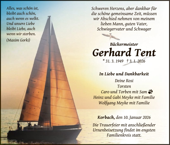 Traueranzeige von Gerhard Tent von WLZ