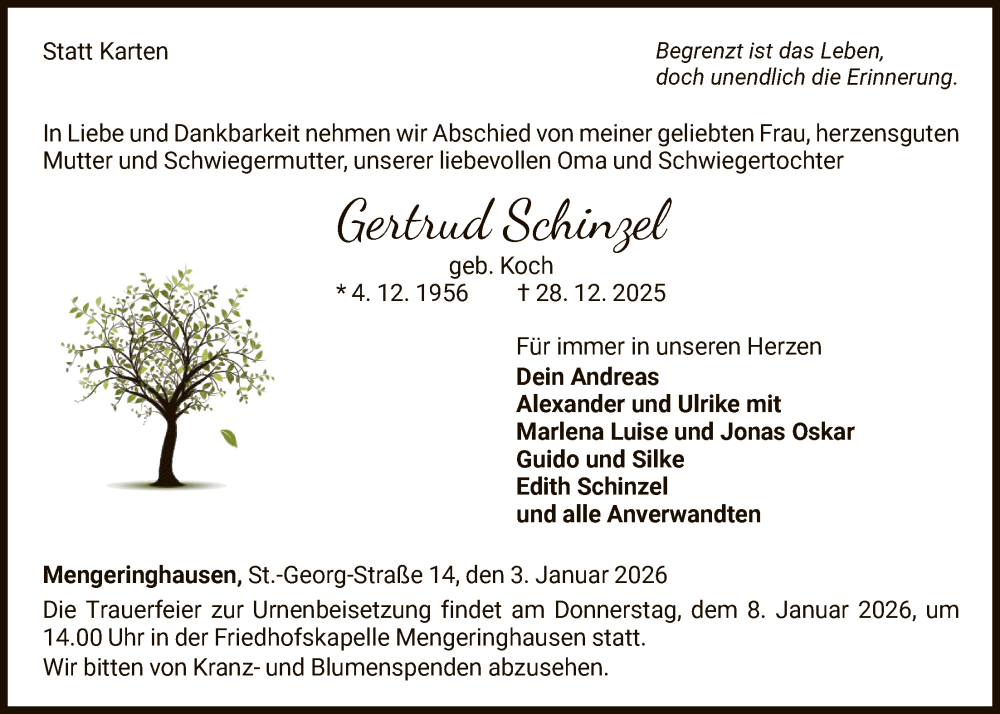  Traueranzeige für Gertrud Schinzel vom 03.01.2026 aus WLZ