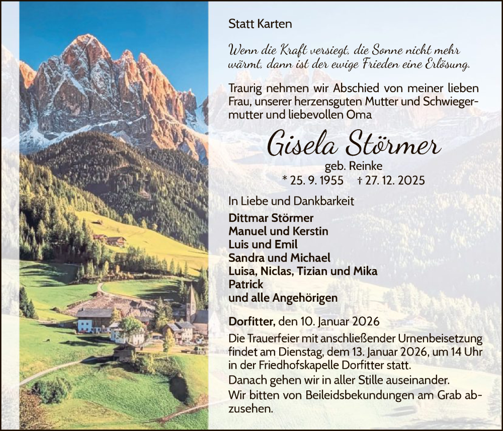  Traueranzeige für Gisela Störmer vom 10.01.2026 aus WLZ