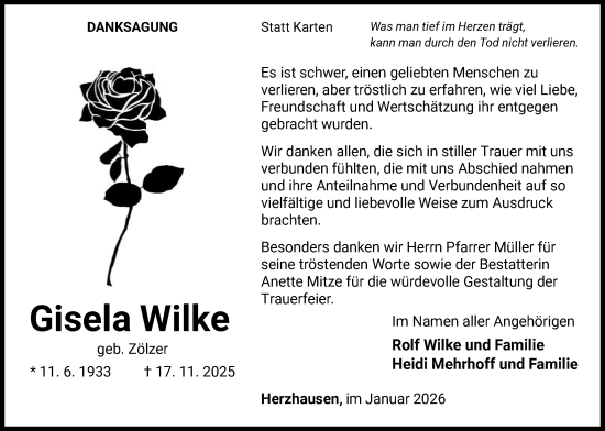 Traueranzeige von Gisela Wilke von WLZHNA