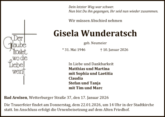 Traueranzeige von Gisela Wunderatsch von WLZ