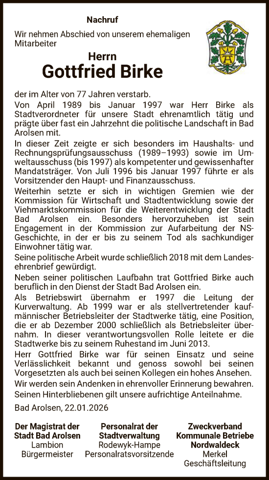 Traueranzeige von Gottfried Birke von WLZ