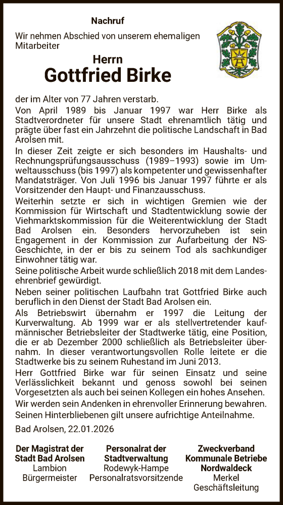  Traueranzeige für Gottfried Birke vom 22.01.2026 aus WLZ