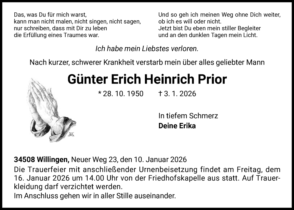  Traueranzeige für Günter Erich Heinrich Prior vom 10.01.2026 aus WLZ