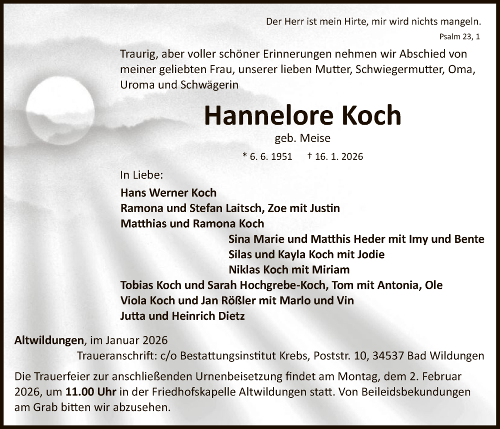  Traueranzeige für Hannelore Koch vom 28.01.2026 aus WLZ