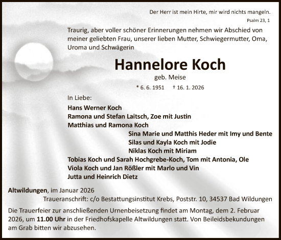 Traueranzeige von Hannelore Koch von WLZ