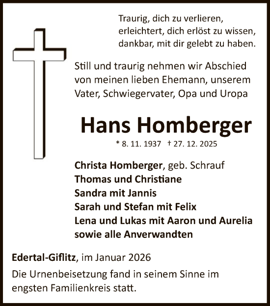 Traueranzeige von Hans Homberger von WLZ