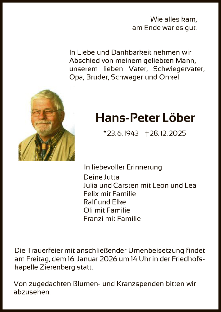  Traueranzeige für Hans-Peter Löber vom 13.01.2026 aus WLZHNA