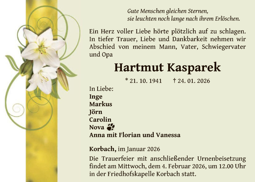  Traueranzeige für Hartmut Kasparek vom 31.01.2026 aus WLZ