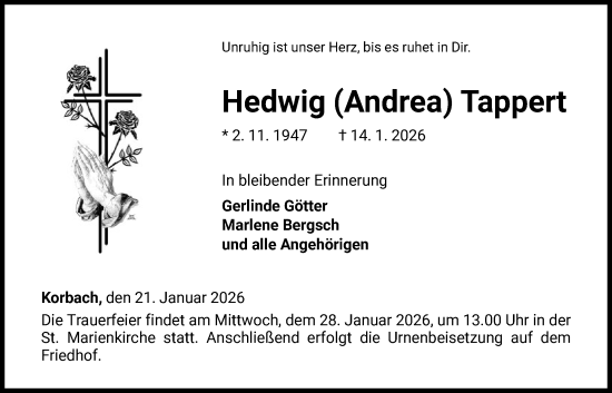 Traueranzeige von Hedwig Andrea Tappert von WLZ
