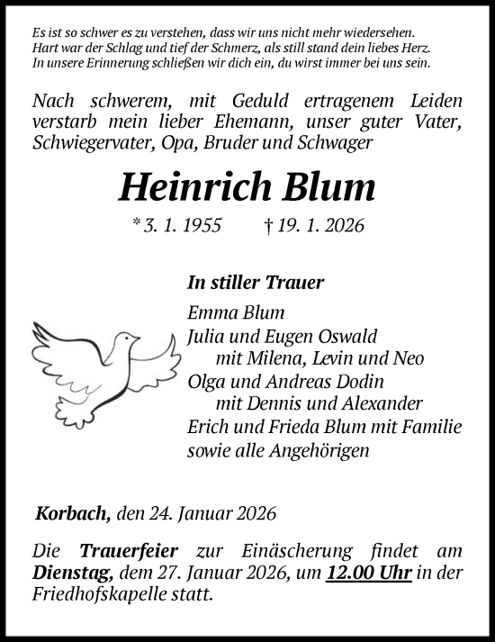Traueranzeige von Heinrich Blum von WLZ