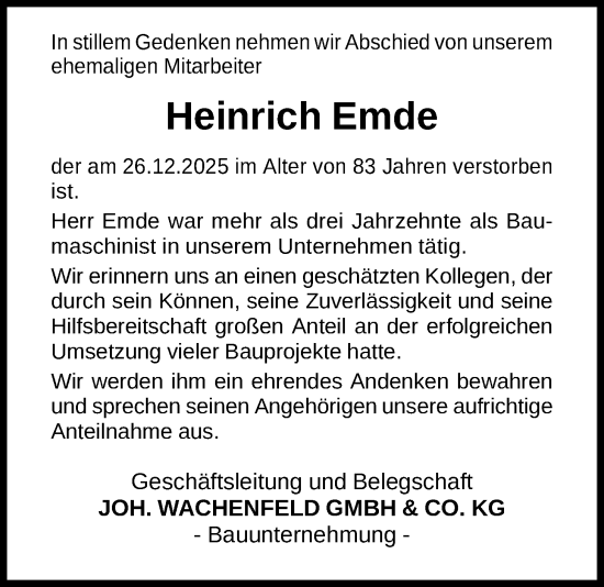 Traueranzeige von Heinrich Emde von WLZ