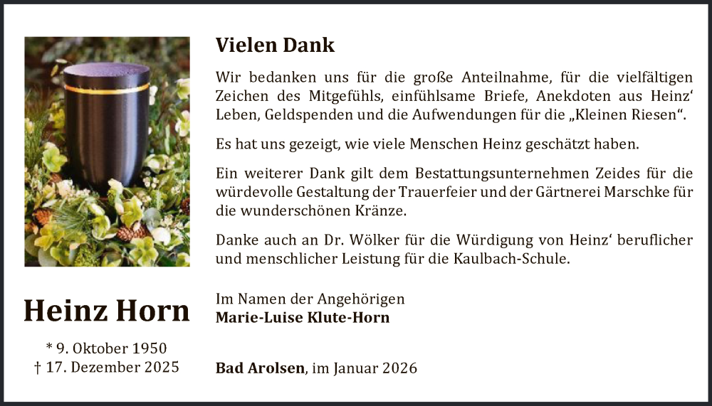  Traueranzeige für Heinz Horn vom 24.01.2026 aus WLZ
