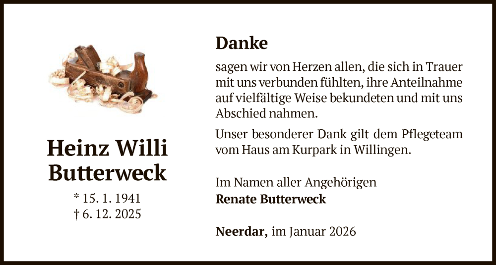  Traueranzeige für Heinz Willi Butterweck vom 24.01.2026 aus WLZ