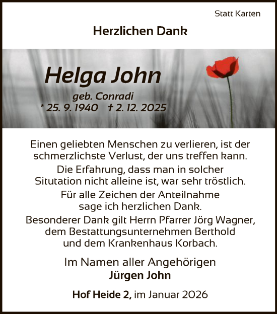 Traueranzeige von Helga John von WLZ