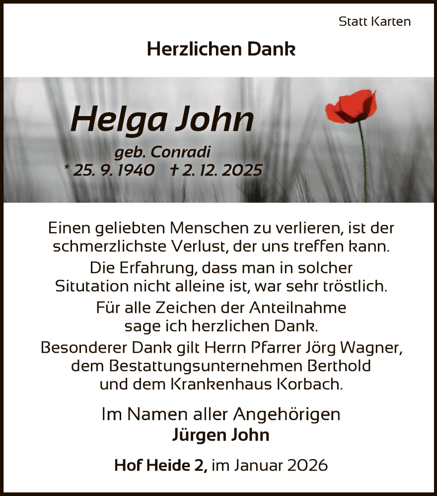  Traueranzeige für Helga John vom 10.01.2026 aus WLZ