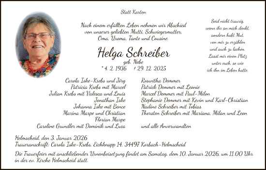 Traueranzeige von Helga Schreiber von WLZ