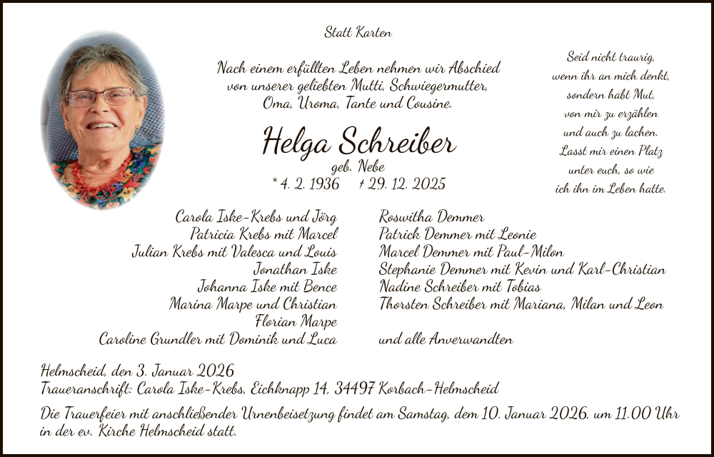  Traueranzeige für Helga Schreiber vom 03.01.2026 aus WLZ