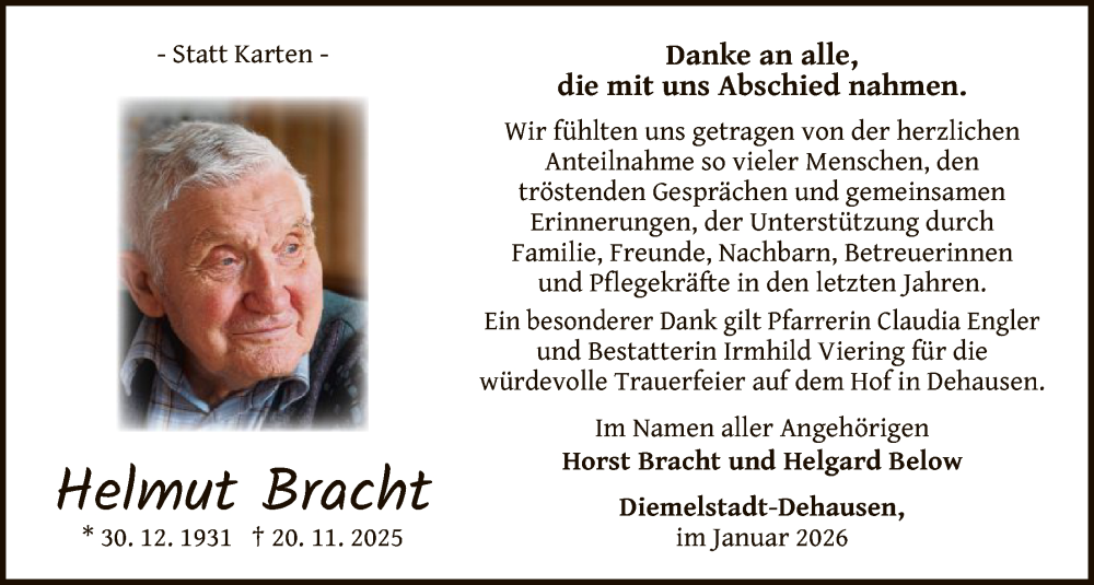  Traueranzeige für Helmut Bracht vom 17.01.2026 aus WLZ