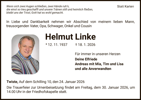 Traueranzeige von Helmut Linke von WLZ