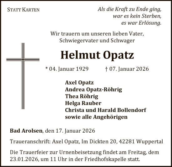 Traueranzeige von Helmut Opatz von WLZ