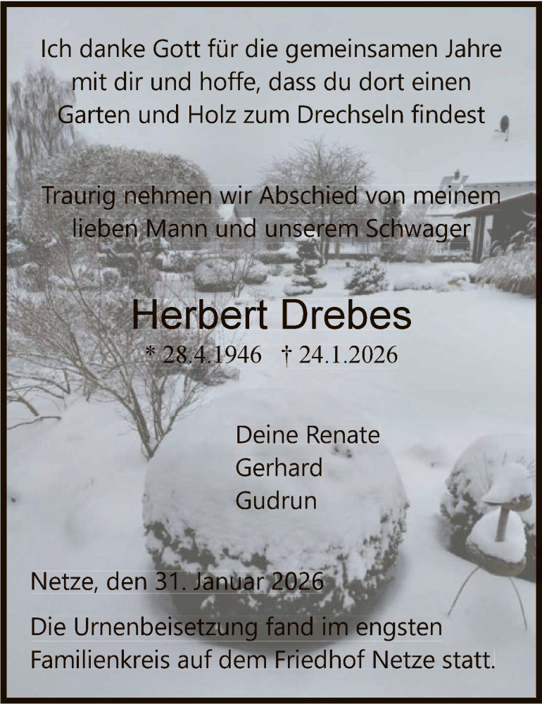  Traueranzeige für Herbert Drebes vom 31.01.2026 aus WLZ