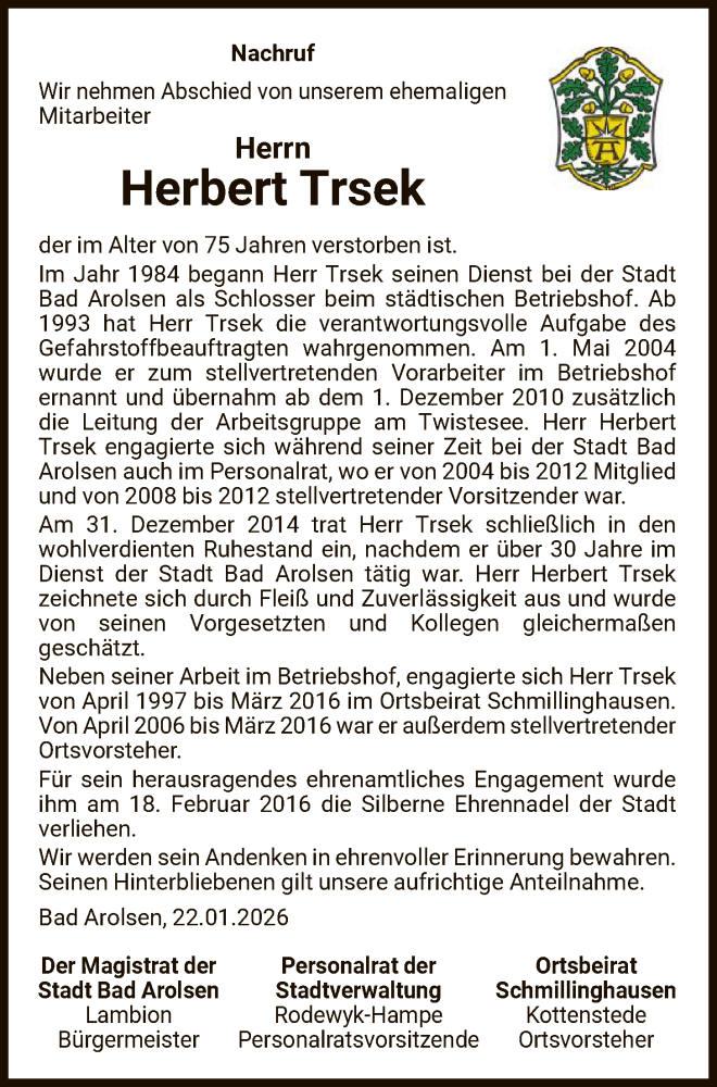  Traueranzeige für Herbert Trsek vom 22.01.2026 aus WLZ