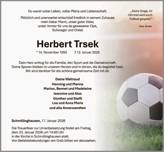 Traueranzeige von Herbert Trsek von WLZ
