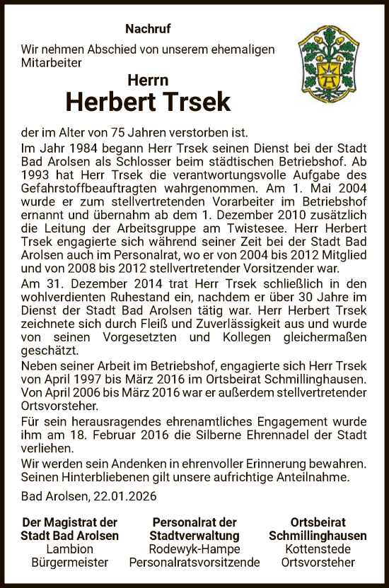 Traueranzeige von Herbert Trsek von WLZ